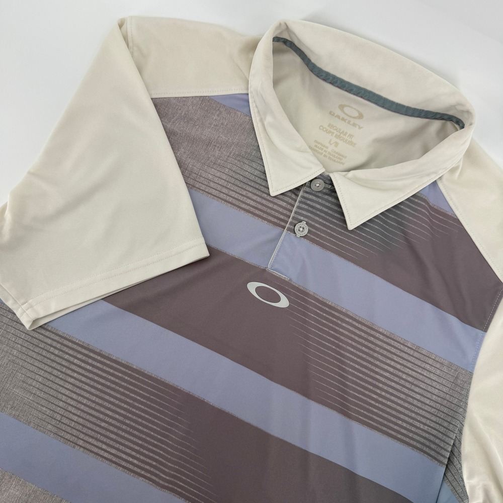 Oakley Polo Shirt Mens Large Grey Blue Striped Technical Golf Regular Fit